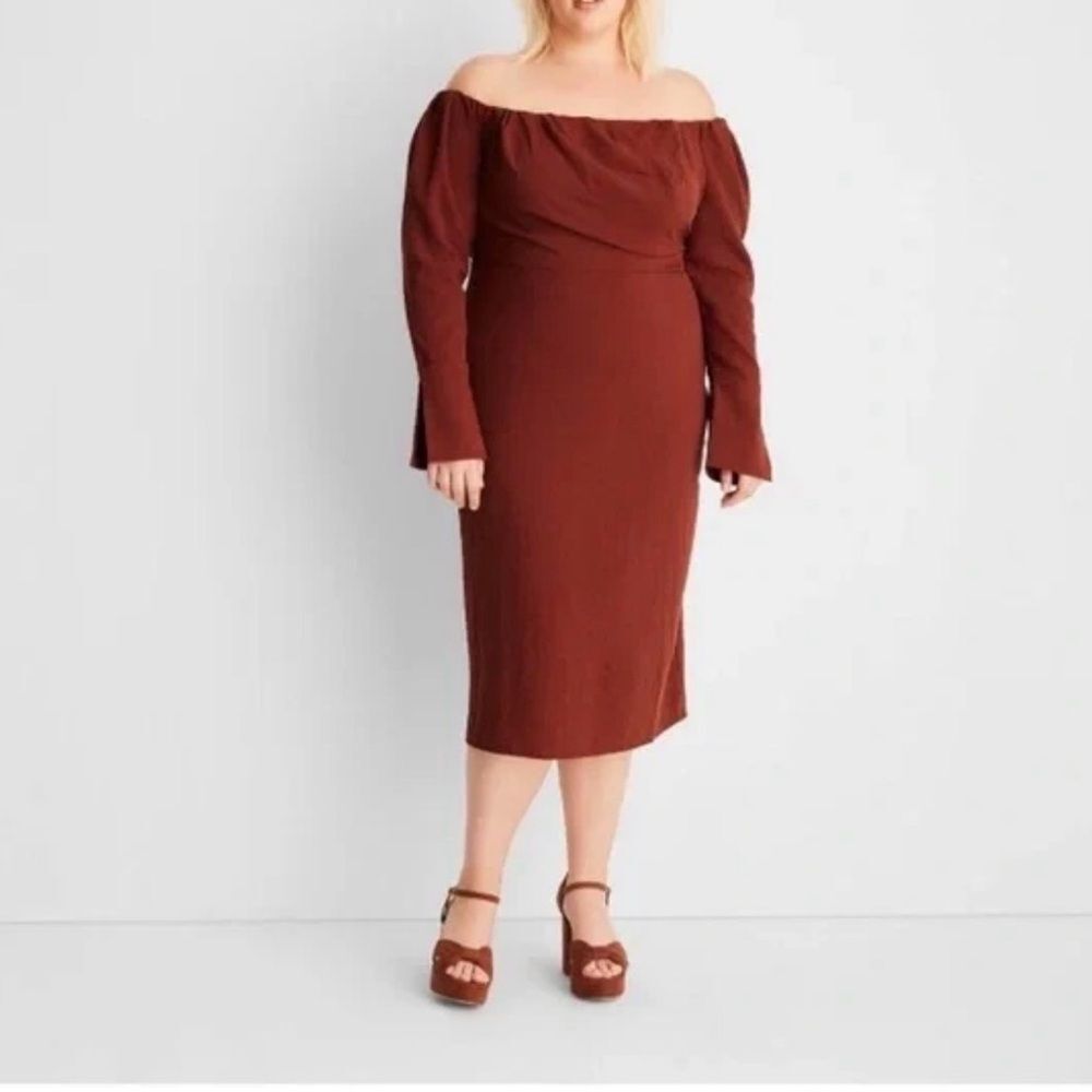 Future Collective Reese Blutstein Off Shoulder Long Sleeve Midi Dress Rust Sz 20